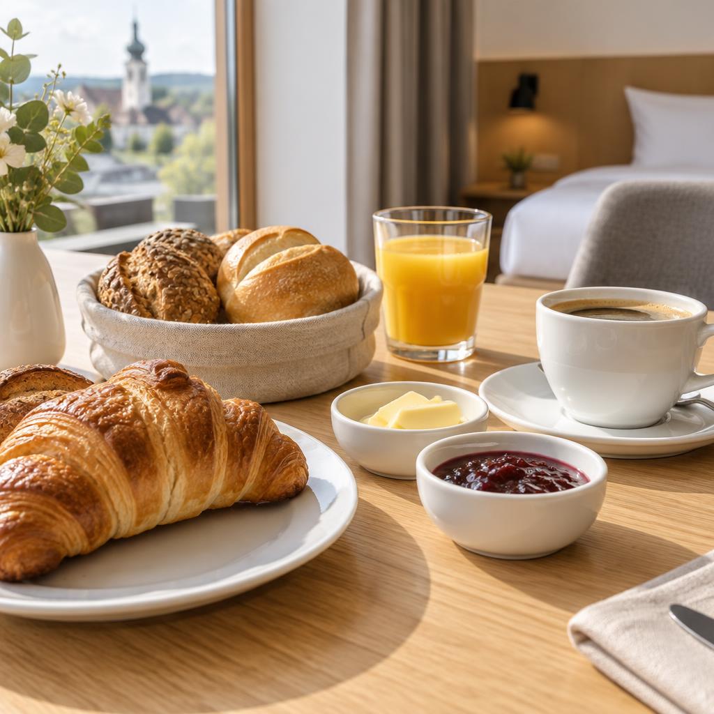 Illustration eines Frühstücks mit Kaffee, Brötchen und Croissants